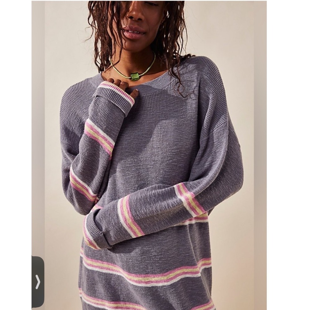FP Beach Free People Striped‎ Oversized Knit Sweater Grey Pink XS OB1122851
